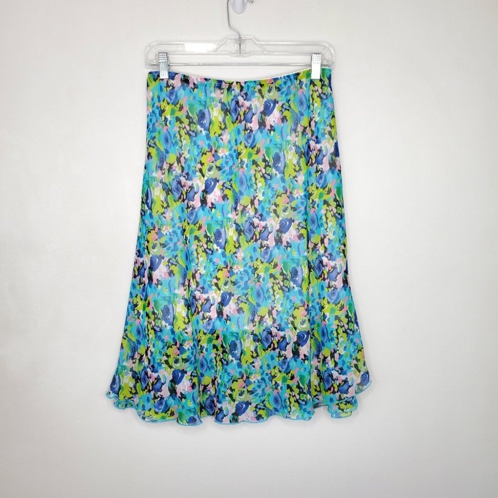 Kim Rogers Blue Aqua Green Pink Black White Watercolor Feminine Skirt Size M